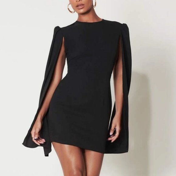Black Open Back Zip Up Cloak Sleeve Mini Dress - Picture 2 of 6